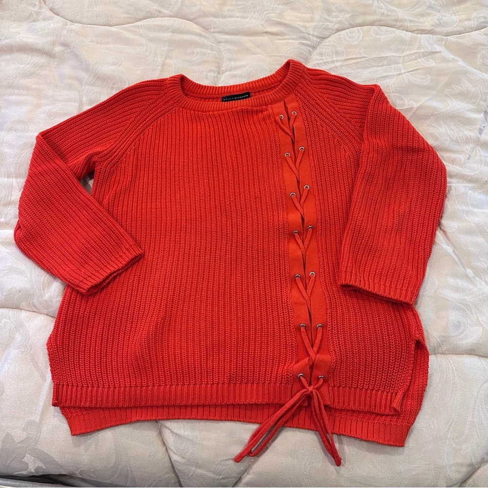 Grace Elements Vibrant Orange Sweater with Lace-Up Accent